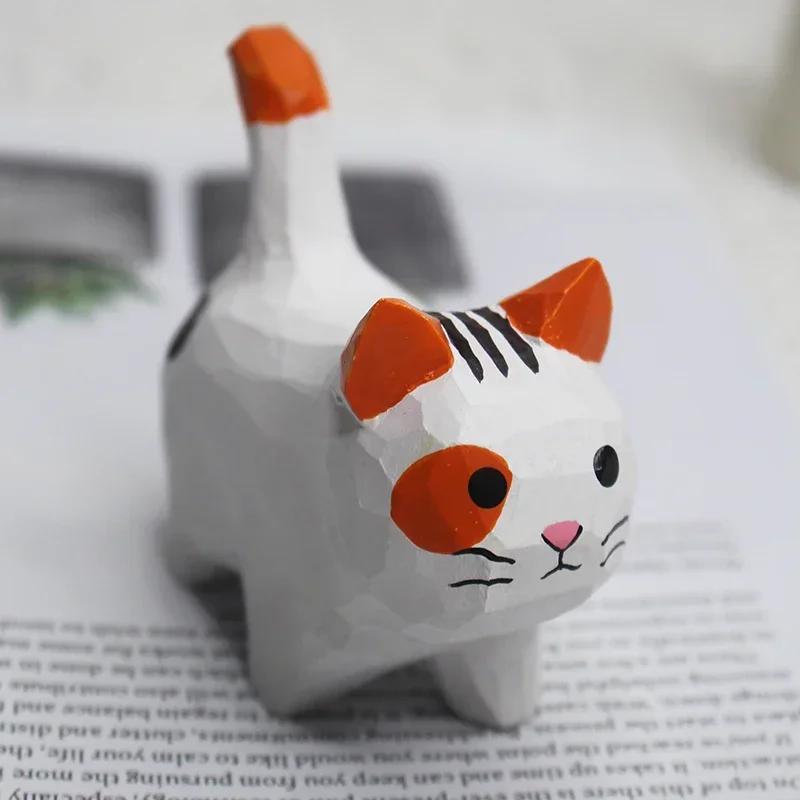 Handmade Wood Carving Kitten Ornaments Creative Little Cat Small Animal Desktop Decoration Landscaping Handicraft Gift