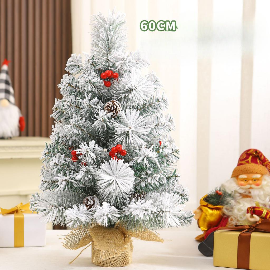 Snow Flocked Mini Tabletop Christmas Tree 45/60CM, Pine Needle PVC Mixed Xmas Tree with Pine Cones & Berries