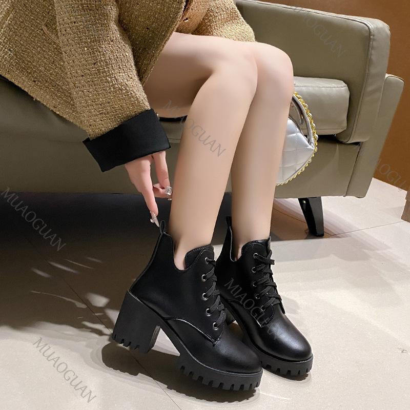 Boots for Women 2025 Autumn New Round-toe Chunky Heel Black Women's Boshoes Casual Lace Up High Heel Platform Short Botines