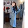 Early Spring New Hong Kong Style Temperament Retro and Old Washed Denim Shirt High Waist A-shaped Skirt Two-piece Set