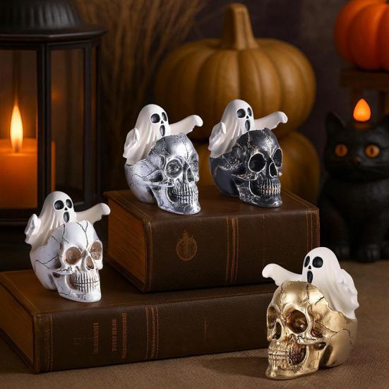 Skull Head with Ghost Figurine Spooky Skeleton Head Ghost Halloween