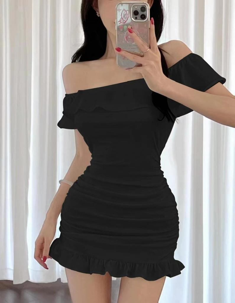 One-Shoulder Ruffled Slim-Fit Mini Dress with High-Stretch Cotton