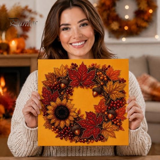 Funkelnde Herbstornamente Kürbis Kunst-Kit mit Kunstperlen, Herbstkranz Malerei Ernte Handgemachtes Bastelgeschenk 3D Perlen-Kit für Erwachsene Anfänger, Zuhause