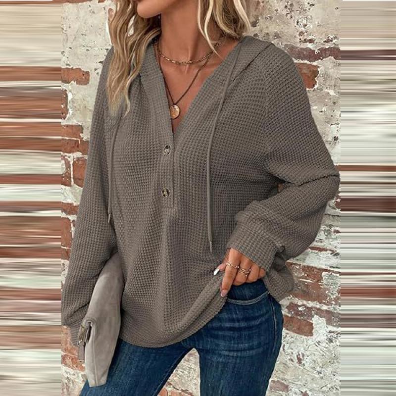 

Женская толстовка с капюшоном из вафельной ткани с V-образным вырезом и пуговицами на завязках, с длинным рукавом XXL серый