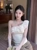 Slant Shoulder Top Women's Off-shoulder T-shirt Women's Slim Summer Lace New Slant Neck Ruffle Edge Versatile and Thin T-shirt Top