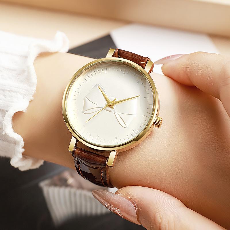 Bow Dial Module Watch Leather Band Simple Casual Quartz Dress Wristwatch