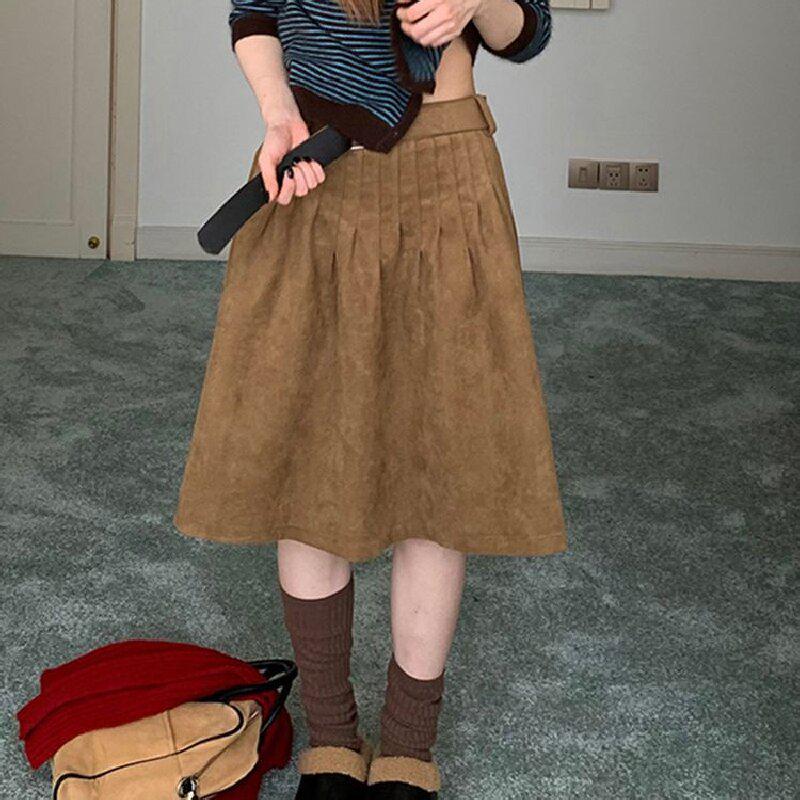 Camel Suede Pleated High Waist Skirt - Autumn/Winter 2025 Women s Mid-Length Slimming Design M