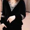 M-4XL Thin Women's Gold Velvet Top Fashion Spring Autumn New T-shirt Loose Long Sleeve V-neck Bottoming Shirt