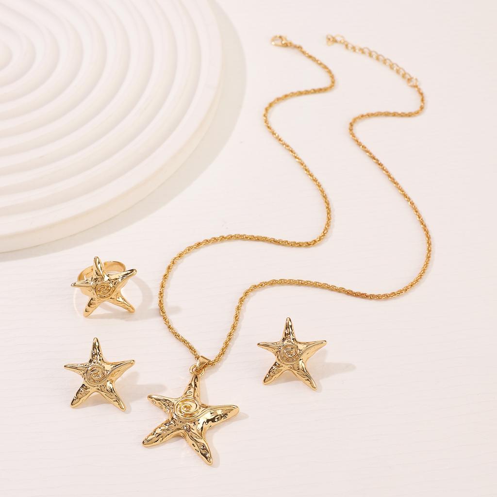 Summer Beach 14k Gold Plated  Vintage Threaded Starfish Necklace Earrings Open Ring Set Women Charm Jewelry Gift