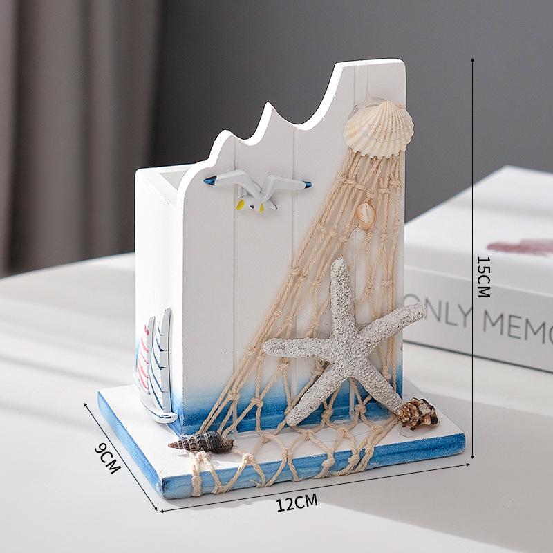 Mediterranean style creative pen holder storage box, ocean style home wood office desktop decoration gift