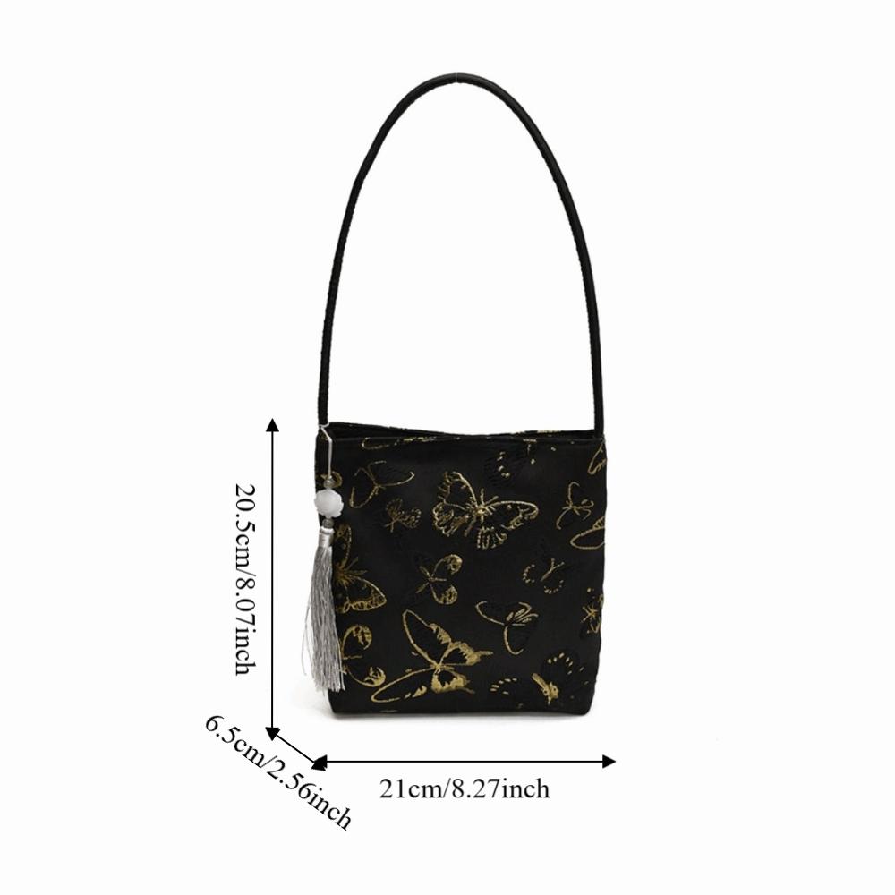 Retro New Chinese Style Handbag Lightweight Zipper Closure Retro Shoulder Bag Large Capacity Tassel Elegant Underarm Bag Gift
