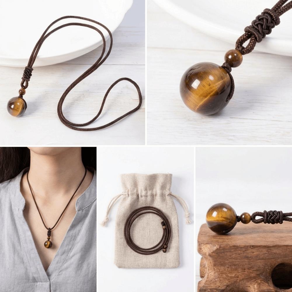 Beaded Crystal Pendant Necklace Braided Rope Tiger's Eye Necklace Weaving Necklace  Gifts
