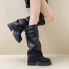 Fashion Versatile Boots Retro Leather Boots Solid Color Temperament Thin Trouser Tube Boots Autumn and Winter Thick Heel Thick Sole Women's Knight Bo