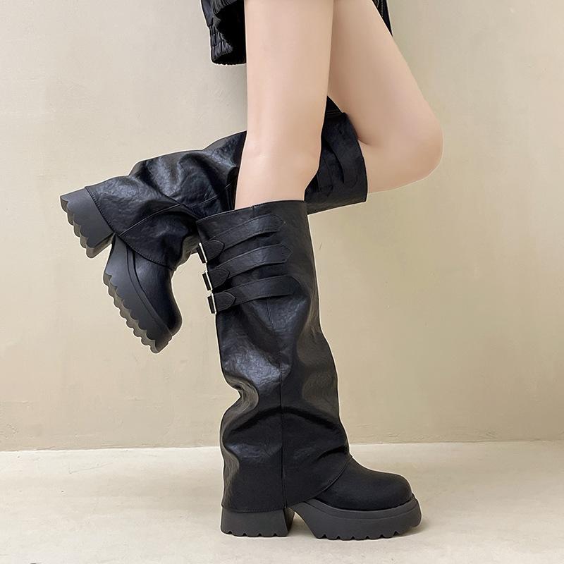 Fashion versatile boots retro leather boots solid color temperament thin trouser tube boots autumn and winter thick heel thick sole women's knight bo