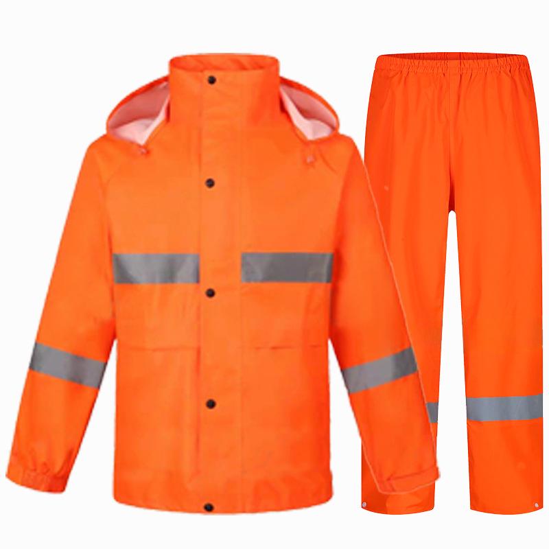 Men's Orange Raincoat & Pants Set with Reflective Strips for Construction and Cleaning