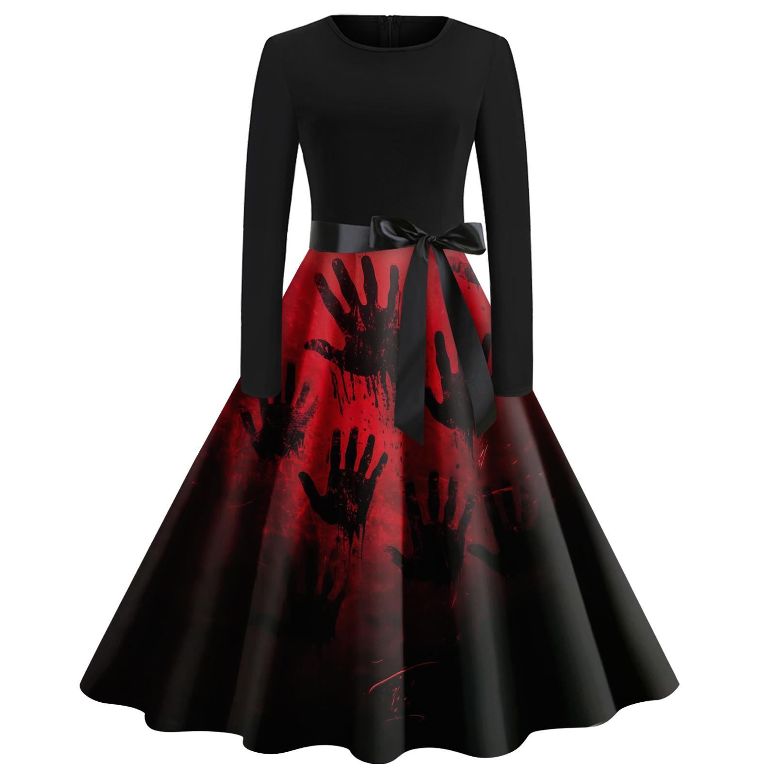 

Women Halloween Print Flare Dress Long Sleeve O-Neck Dress Party Casual Dresses S