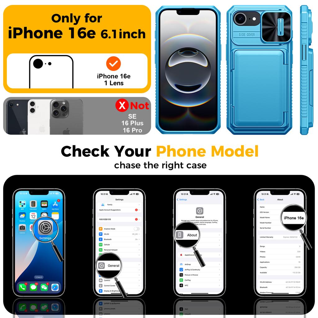 RFID Blocking Wallet Case with Card Holder Sliding Camera Cover PC+TPU Protective Case for IPhone 16e/iPhone 17e-Light Blue