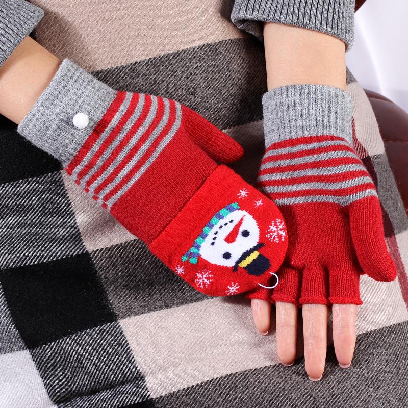 Christmas Women Gloves Winter Half Finger Flip Lady Cute Youth Warm Knitting Wool Students Writing Game Fingerless Mittens