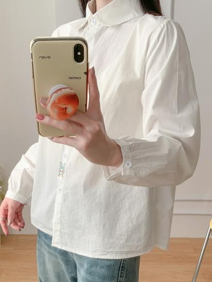 Women's Embroidered Cat Turn-Down Collar Long-Sleeve Shirt, White Pure Cotton, Slim Fit, Versatile Campus Style