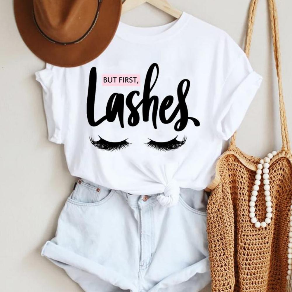 Make Up Letter Funny New Eye Eyelash Fashion Cartoon Summer Lady Print Tee Stylish T Top  Tshirts  Women Clothes