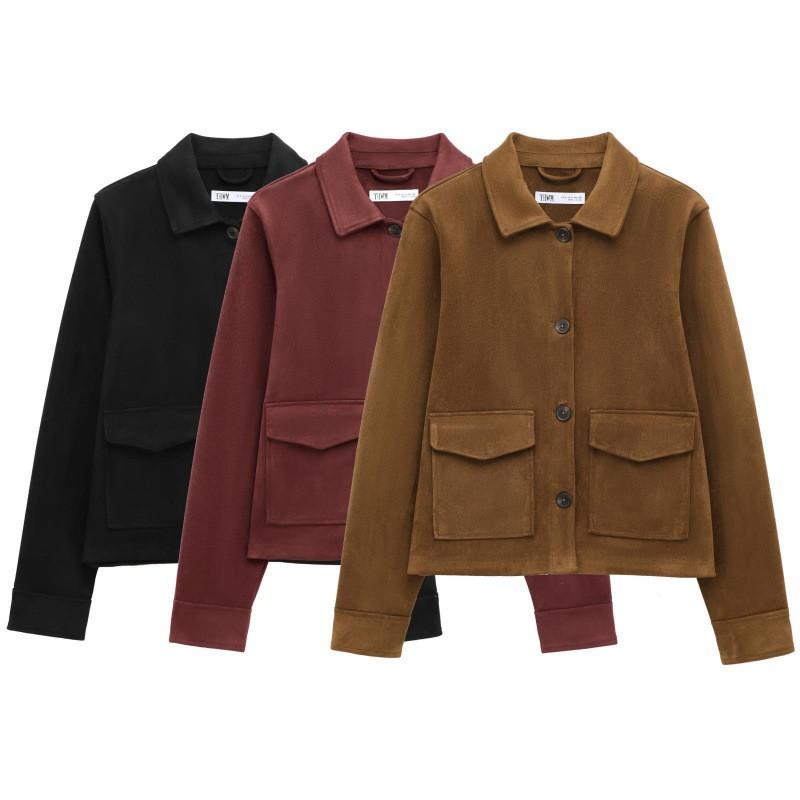 Womens Faux Suede Collar Jacket With Front Pockets Classic Single-Breasted Design 2025 Urban Chic Outerwear