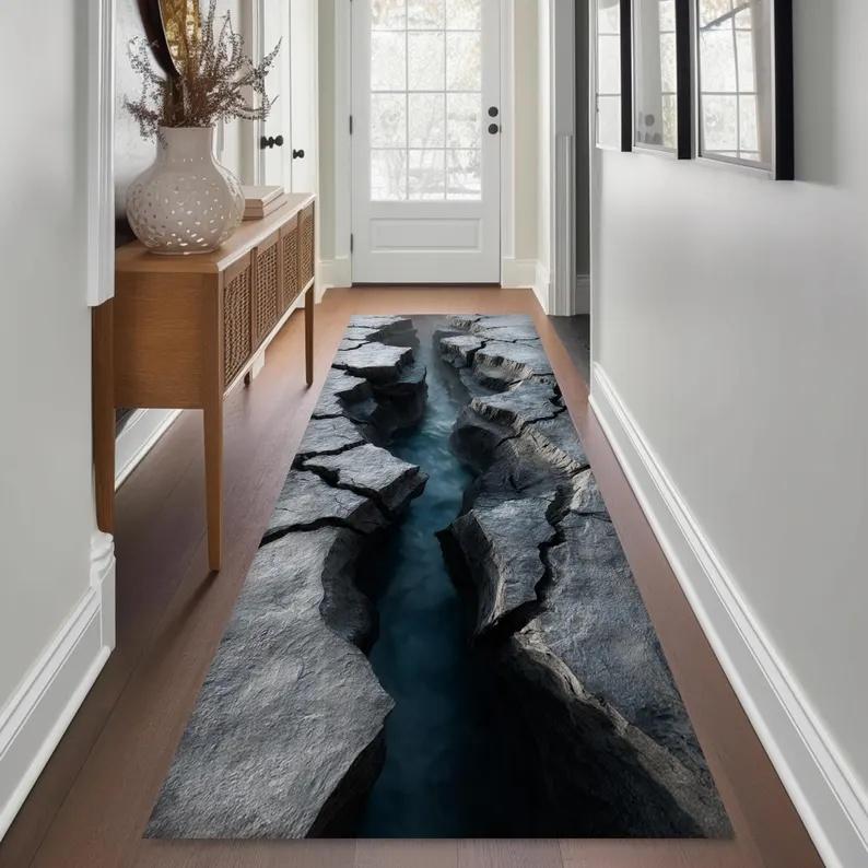 3D Visual Illusion Runner Rug Waterfall Abyss Hole Carpet Home Corridor Home Decoration Porch Entrance Covered with Mat