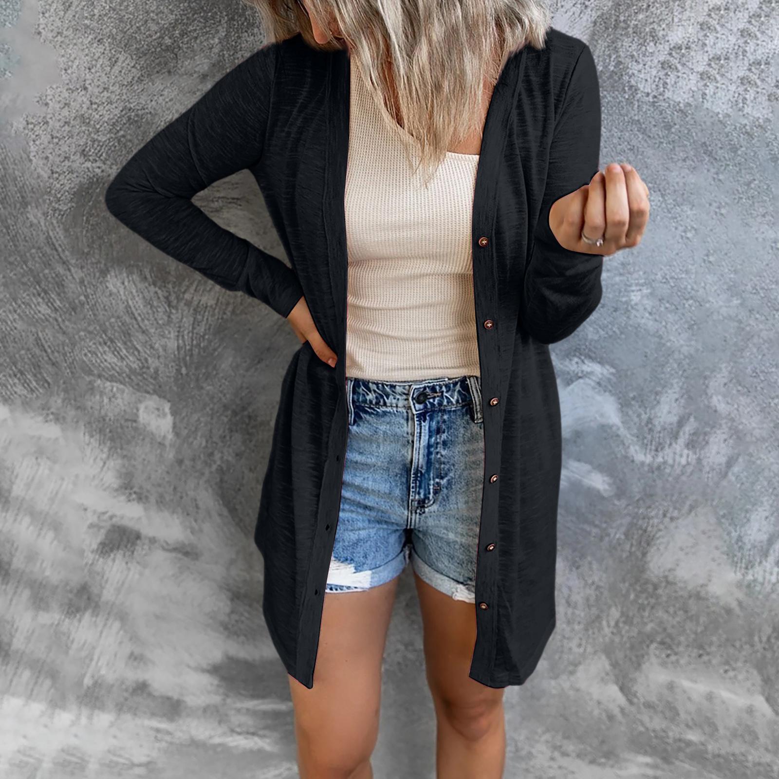 Women Long Sleeve Button Front Cardigan Mid Length Open Front Knit Sweater Lightweight Casual Outerwear L