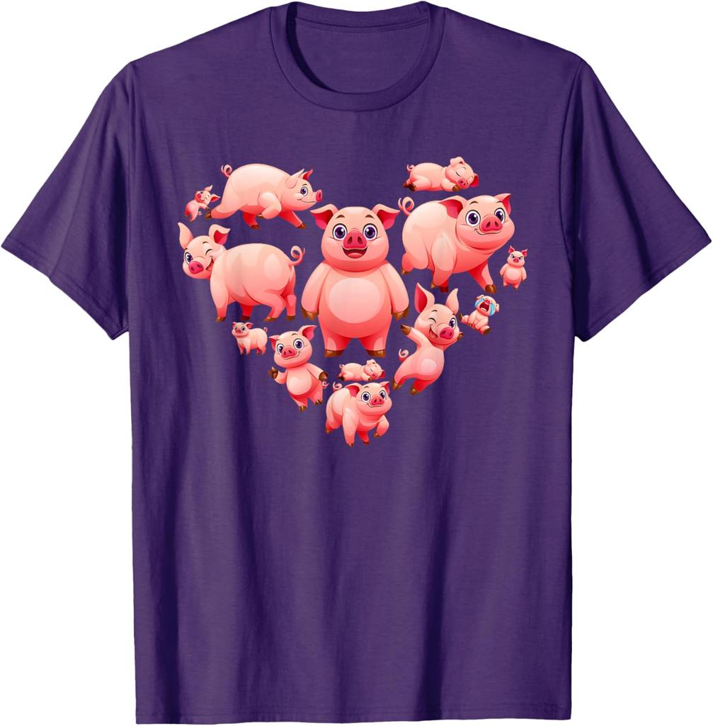 Pigs Heart Shape Cute Love Hog Swine Graphic T-Shirt Cotton Casual Short Sleeve Tee