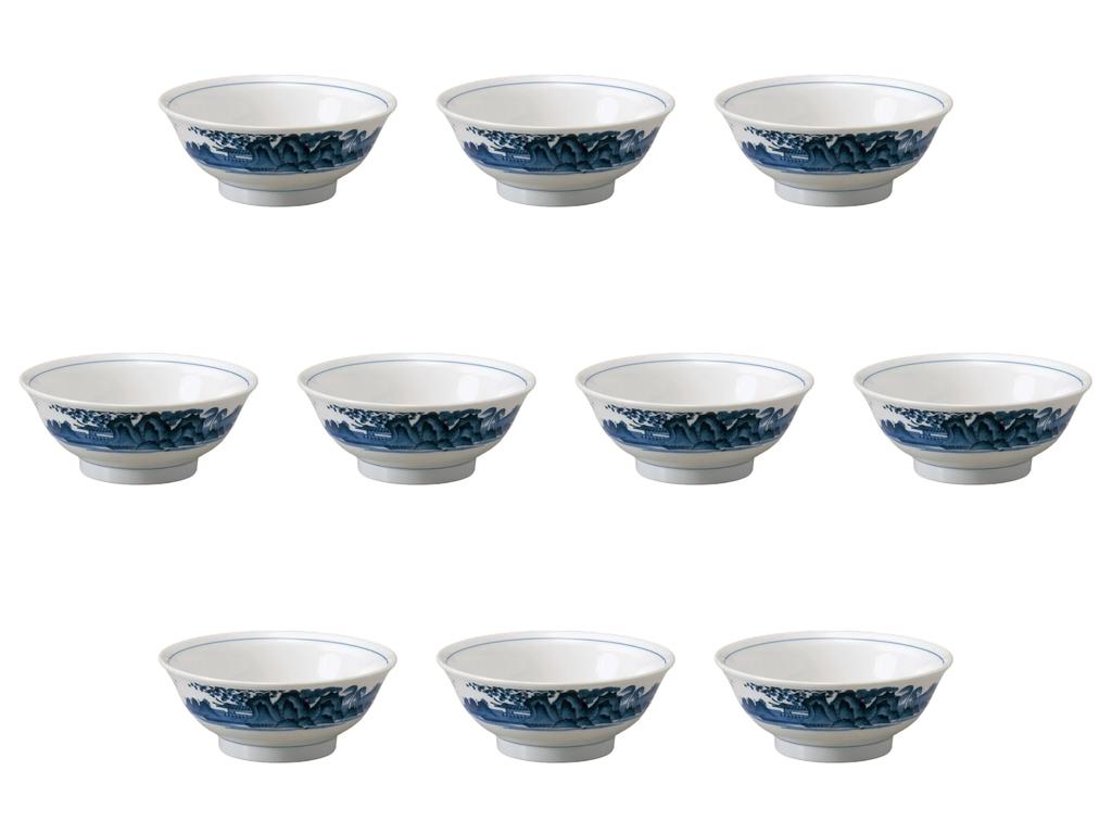 Set of 10 Blue and White Landscape x Ramen Setomonohonpo Bowls, 6.5cm High-Footed [20.2 8.3cm (1170cc)] Bowls,