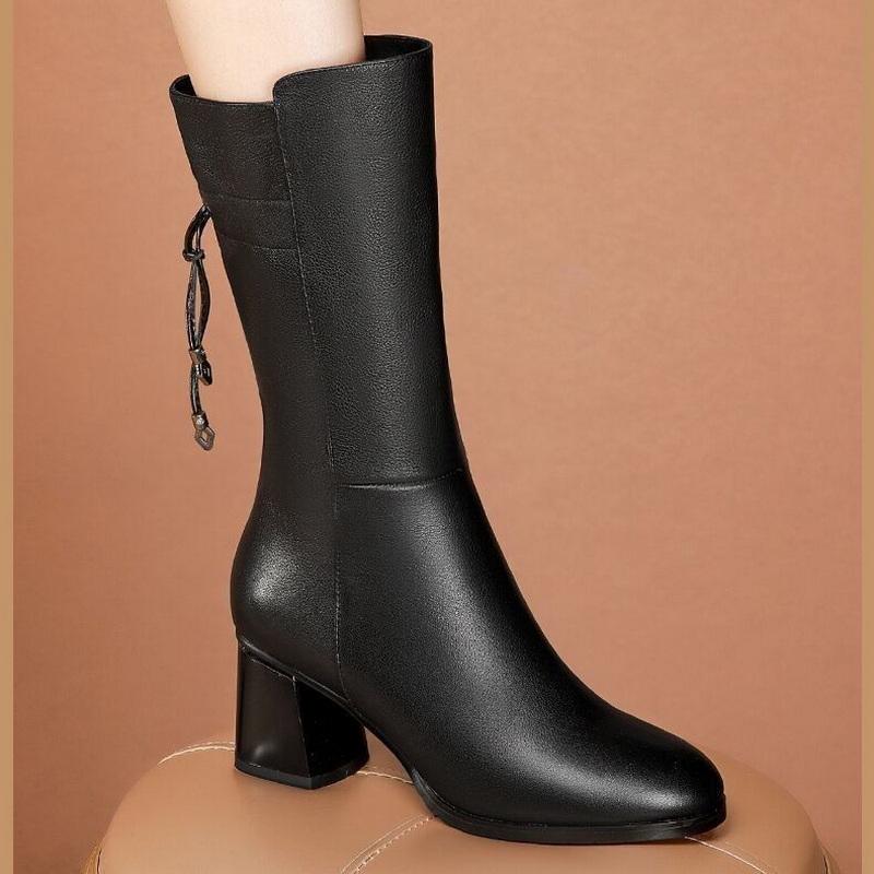 

Женские сапоги до середины икры из мягкой кожи, модные зимние мотыги, боты на квадратном высоком каблуке, круглый носок, молния сбоку, черный, бежевый