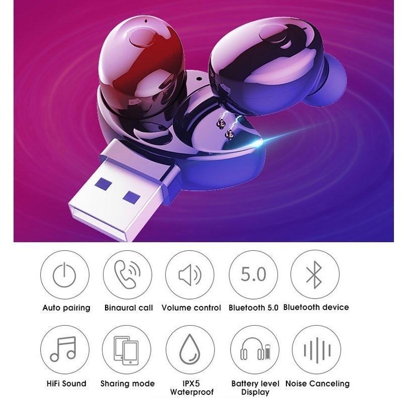 Car Wireless Earbuds Stereo Bluetooth Headset Sports In-Ear Earphones Usb Charging Dual Earphone