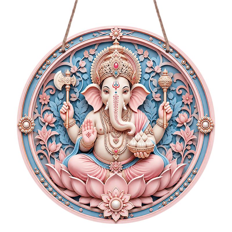 2D Flat, 1pc Round Aluminum Hanging Sign, Pink Blue Lord Ganesha Modak Pink Lotus Pearl Floral Border Print, Easy Hang Indoor Outdoor Metal Plaque