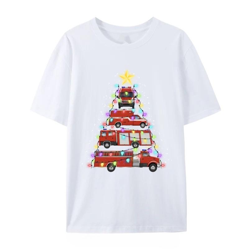 Firefighter Fire Truck Christmas Tree Santa Xmas Light TShirt Cotton Fashion Tshirt Oversized Tees  Funny Graphic T Shirt