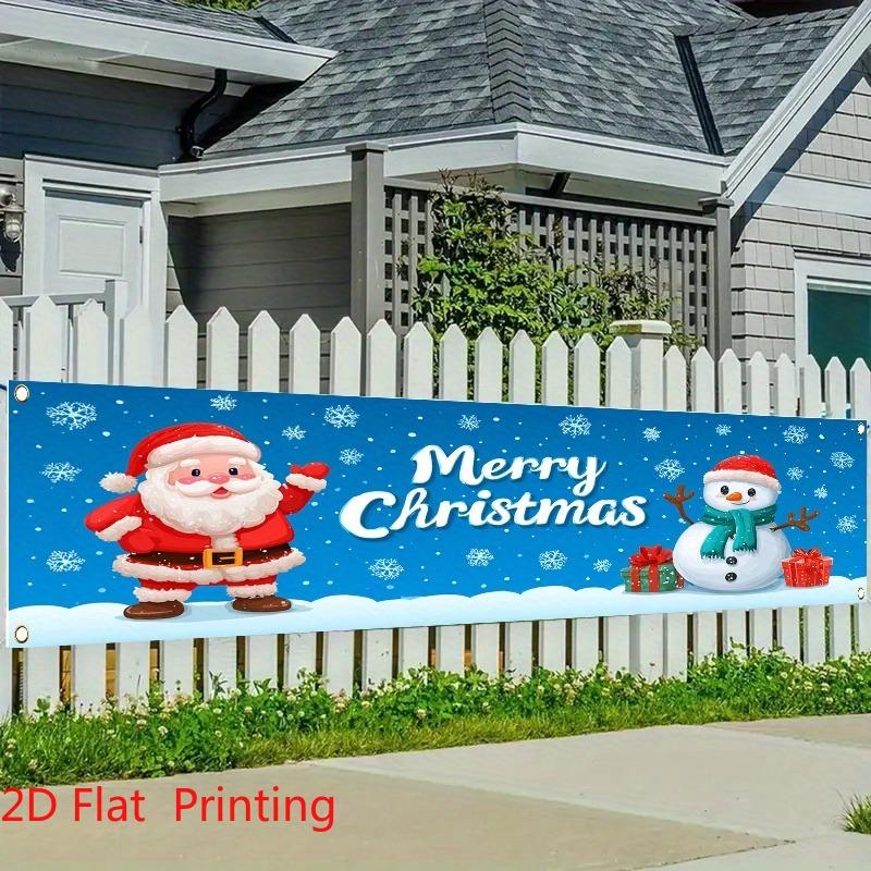 Merry Christmas Fence Banner, Santa & Snowman Snowflake Theme, Polyester Outdoor Lawn Wall Party Decoration