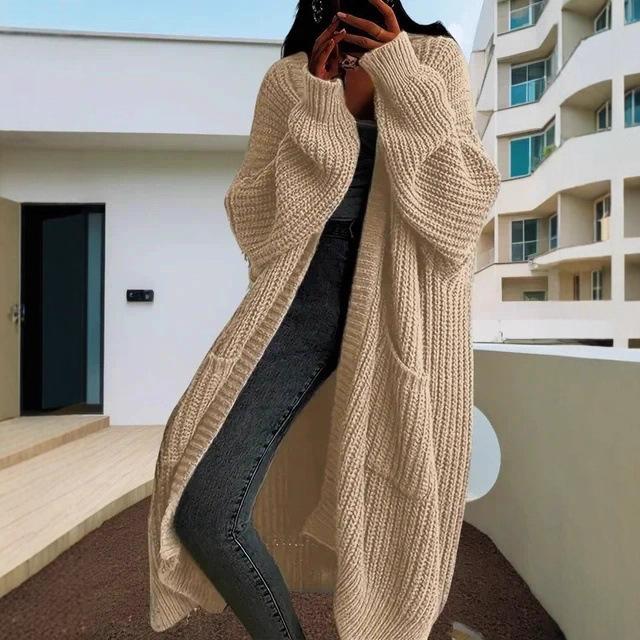 Dames Winter Herfst Trui Vesten Lange Mouw Maxi Gebreide Bovenkleding Jassen Zakken Jassen