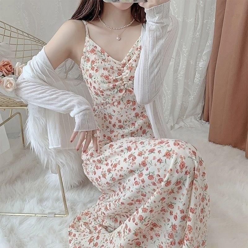 Romantic Flower Print Knit Camisole Dress For Summer Casual Wear