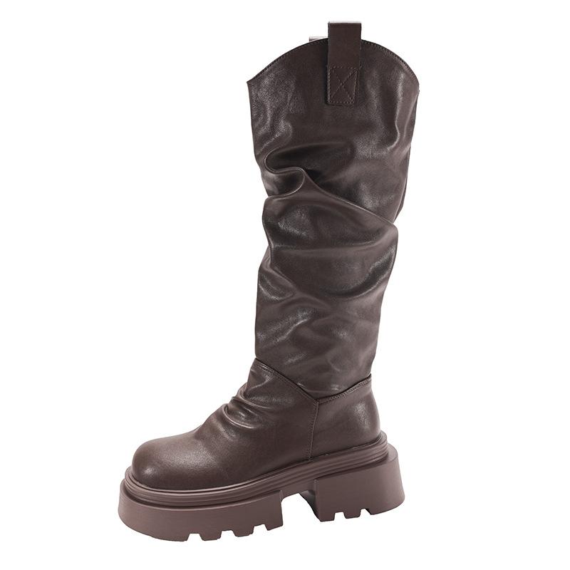 Brown slim British thick heel platform long knight boots women's shoes 2025 new retro heightening v-port stacking boots