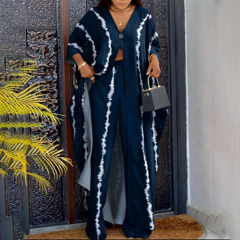 Women's Loose Large Size Three-quarter Sleeve V-neck Button Printed Robe Drawstring Trousers Two-piece Set
