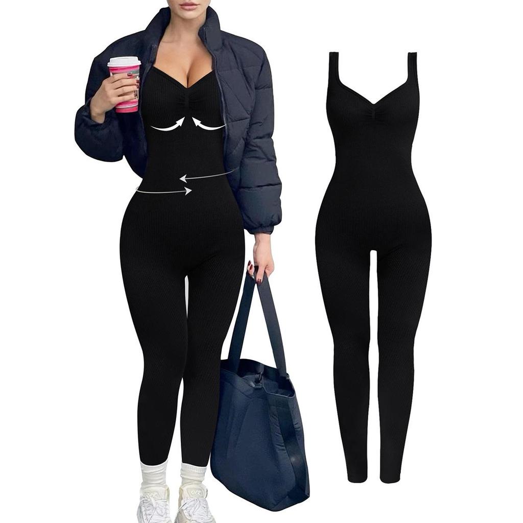 Seamless Ribbed V-Neck Backless Jumpsuit with Double Straps - Women’s Sport Body Shaping & Butt Lifting Yoga Suit