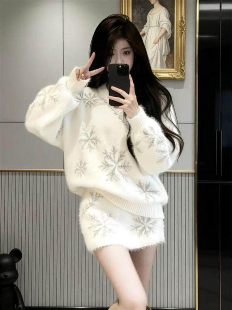 Sweet Style Snowflake Sweater & Skirt Set for Women - 2026 Autumn/Winter Collection