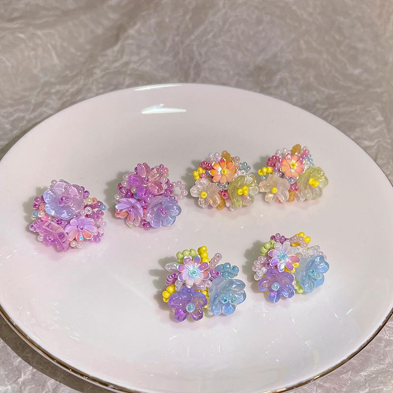 Colored Embroidered Ball Flower Stud Earrings For Women Contrasting Resin Flower Earrings Sweet  Ear Jewelry Accessories