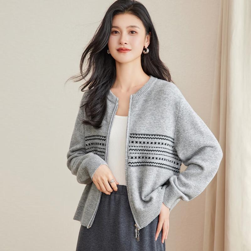 Women s 100% Merino Wool Striped Jacquard Zipper Cardigan L