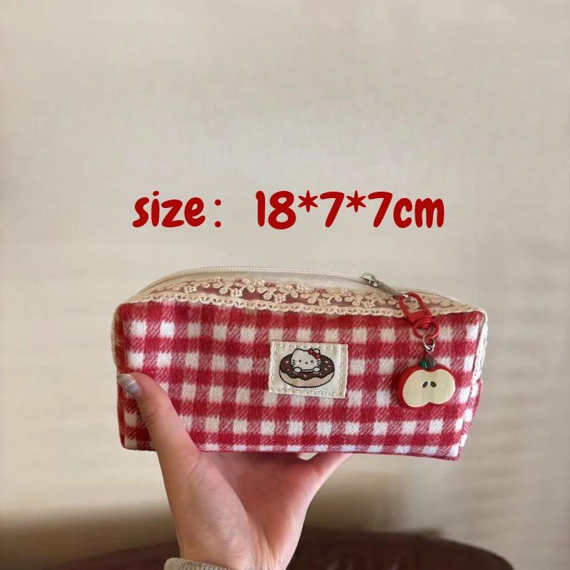 Cute Cat Lace Retro Christmas Plaid Woolen Pencil Case Student Stationery School Supplies Back To School Kawaii Pencil Bag