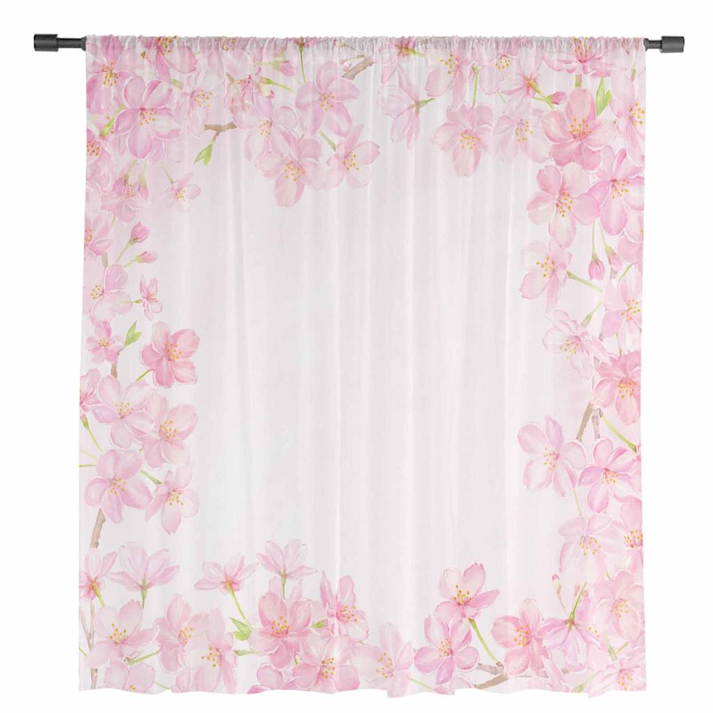 Watercolor Cherry Blossom Sheer Curtains for Living Room Decoration Window Curtains for Kitchen Tulle Voile Organza Curtains
