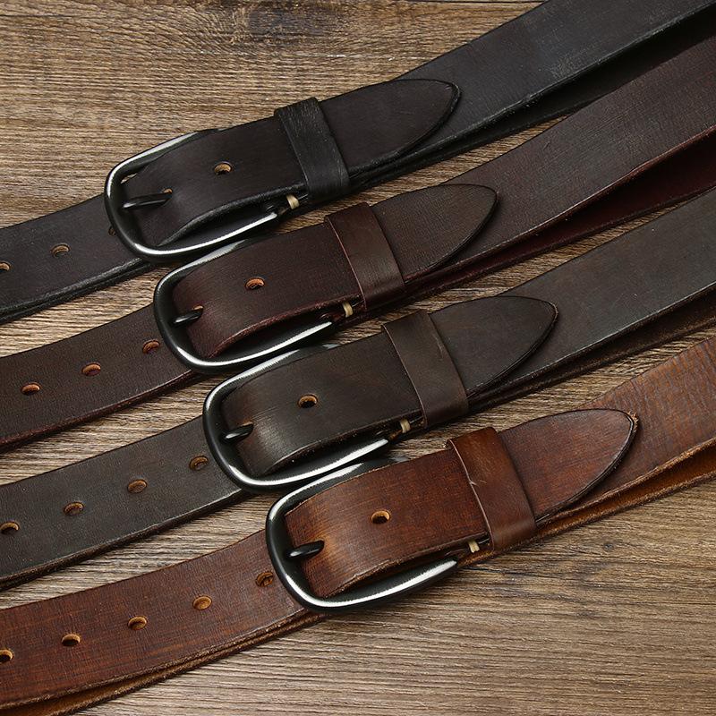 New Vintage Pure Cowhide Leather Belt, Men's Leather Fashion Trend, Needle Buckle Jeans Belt