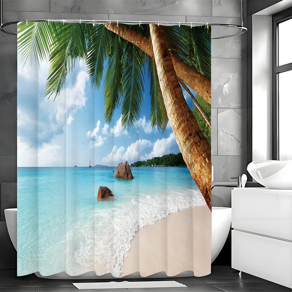 Ocean Beach Coconut Tree Shower Curtain, Bathroom Decorative Shower Curtain, Waterproof Shower Curtain with Hooks