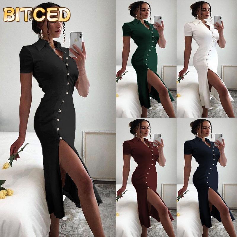 BITCED Fashion Summer Spring Solid Color Print Short Sleeve POLO Neck Casual Dresses International design