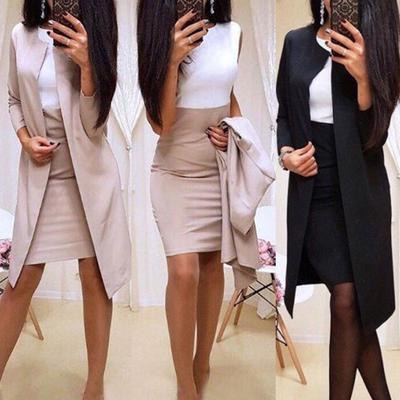 Office Lady 2Pcs Solid Blazer Bodycon Mini Jacket Long Color Autumn Coat
