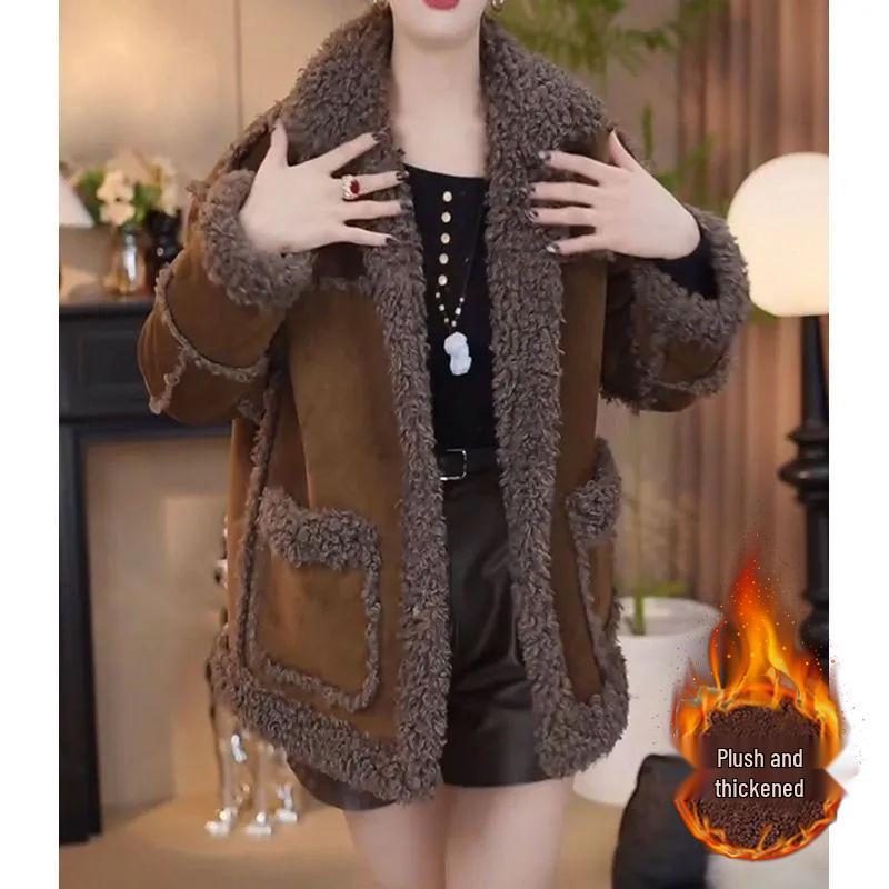 Women's Mid-Length Fleece-Lined Lambswool Jacket - Warm & Stylish for Autumn/Winter