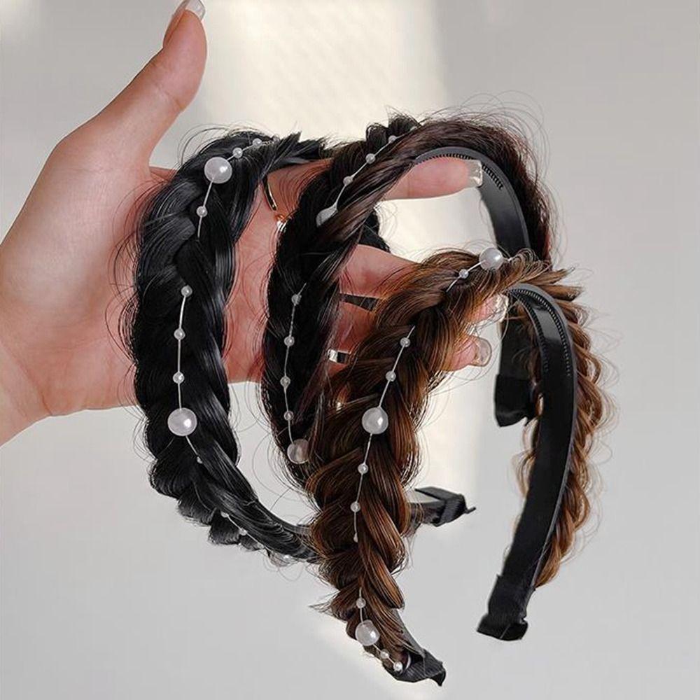 Wide Twisted Wig Headband Synthetic Women Hair Hoop Retro Fishbone Braid Headband  Female